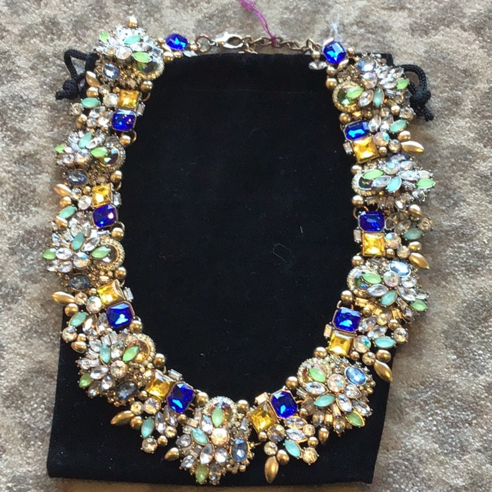 Gold Floral Crystal Collar Necklace with Blue & Green Accents